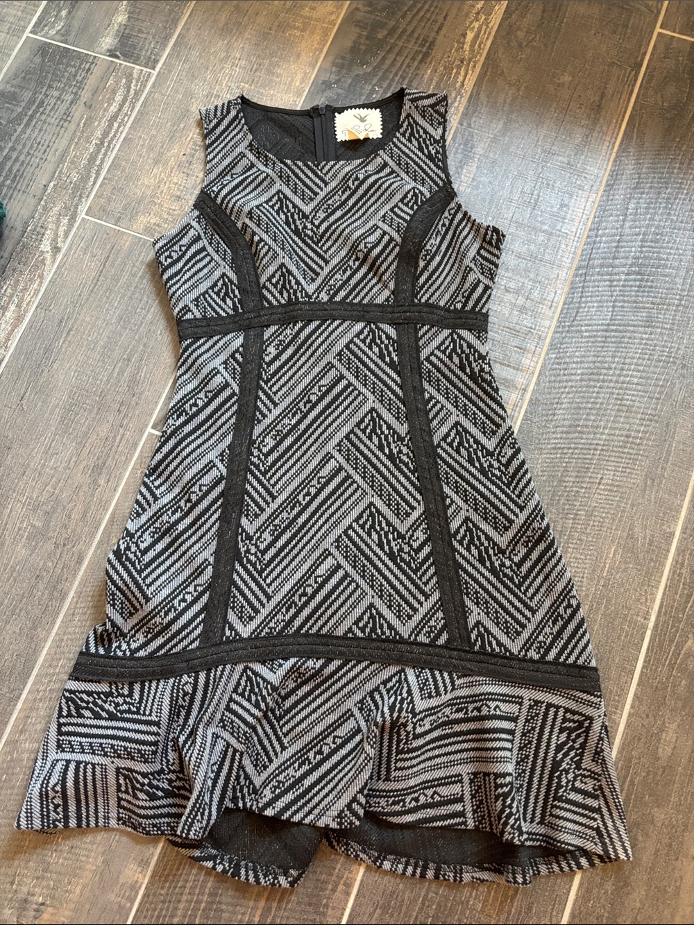 Tabitha Black and Gray Geometric Fit-and-Flare Mini Dress